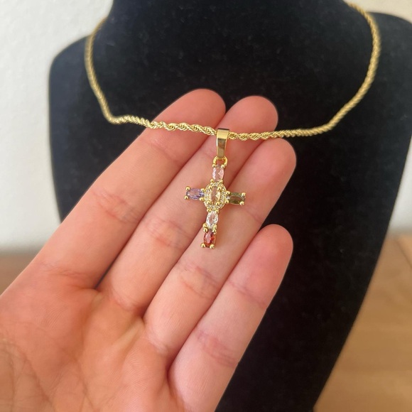 Gold Sparkly Multi-Colored Cubic Zirconium Cross Rope Necklace✝️ - Picture 3 of 5